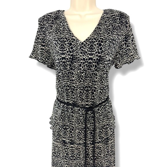 Dressbarn Black & Ivory Print Bodre Midi Dress w/ Tassel Tie Size 14 Spring‎ - Picture 2 of 6